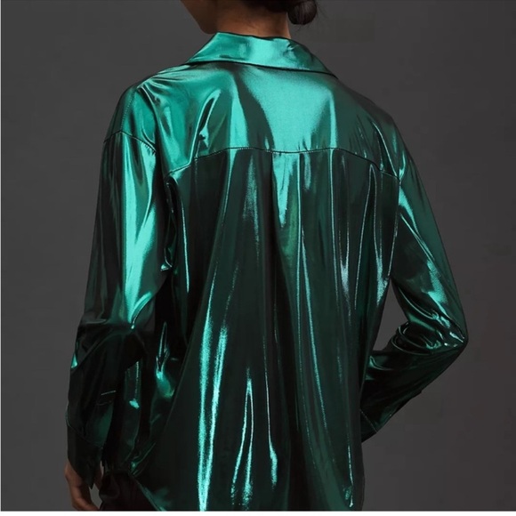 Anthropologie Gillian Liquid Shine Shirt Size L Long Sleeve Button Down Green - Picture 3 of 11